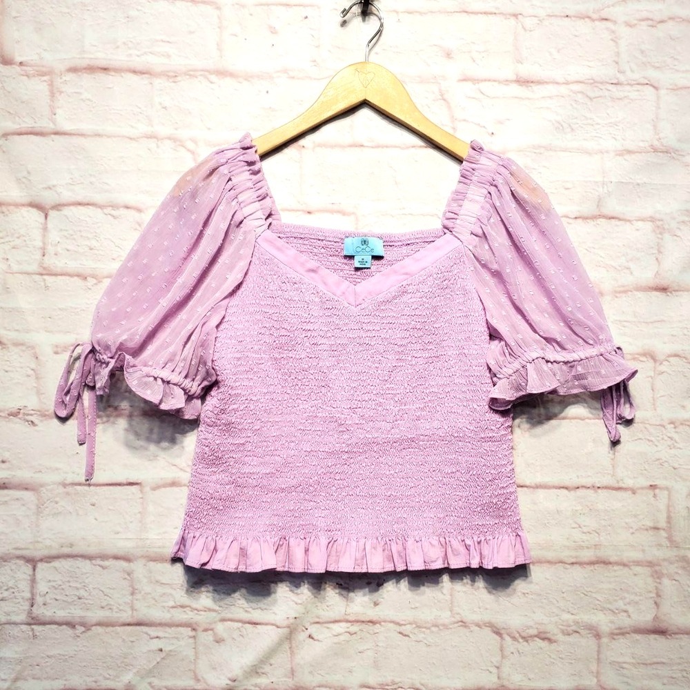 CeCe Smocked Babydoll Top Ruffle Pastel Pink Puff Sleeve Coquette Fairycore Sz M